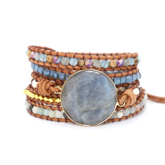 Bohemian Agate Round Labradorite 5-Layer Leather Wrap Around Bracelet