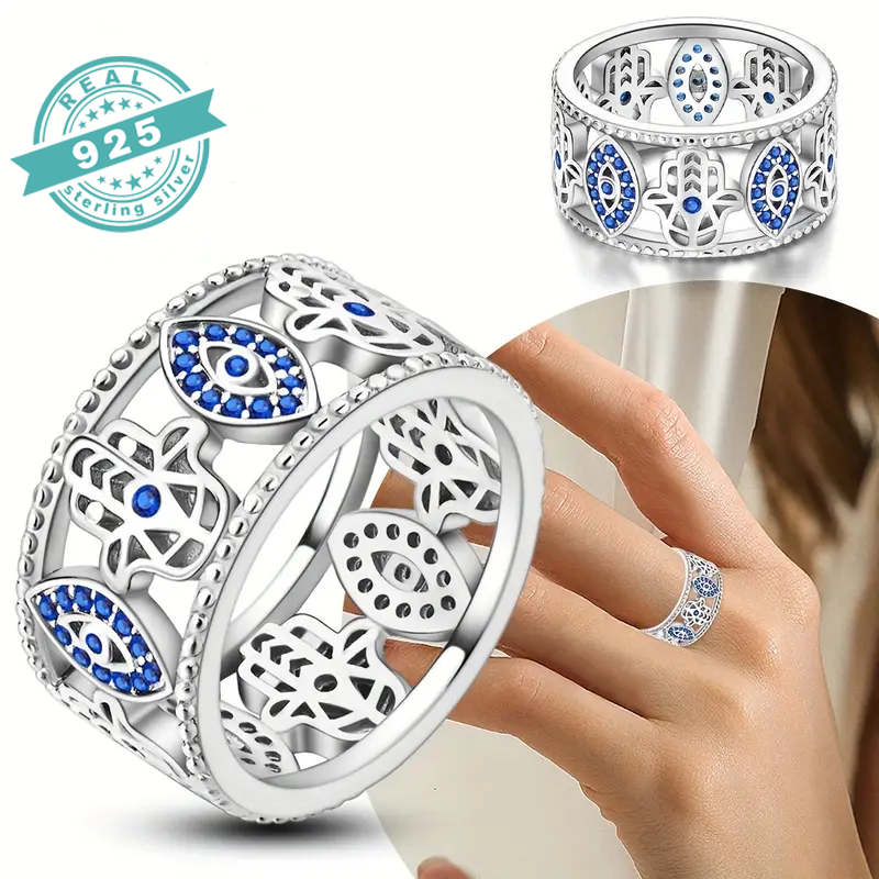 Hamsa Harmony Sterling Silver Women's wide Band Ring (SS)