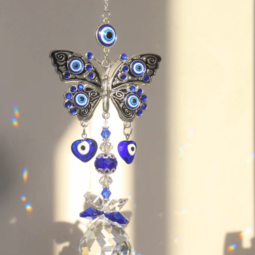 FlutterGuard Quartz Crystal & Evil Eye Butterfly Sun Catcher