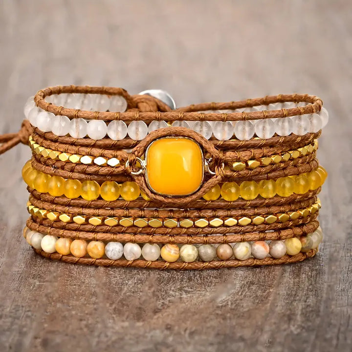 Bohemian Yellow Topaz 5-Layer Leather Wrap Around Bracelet