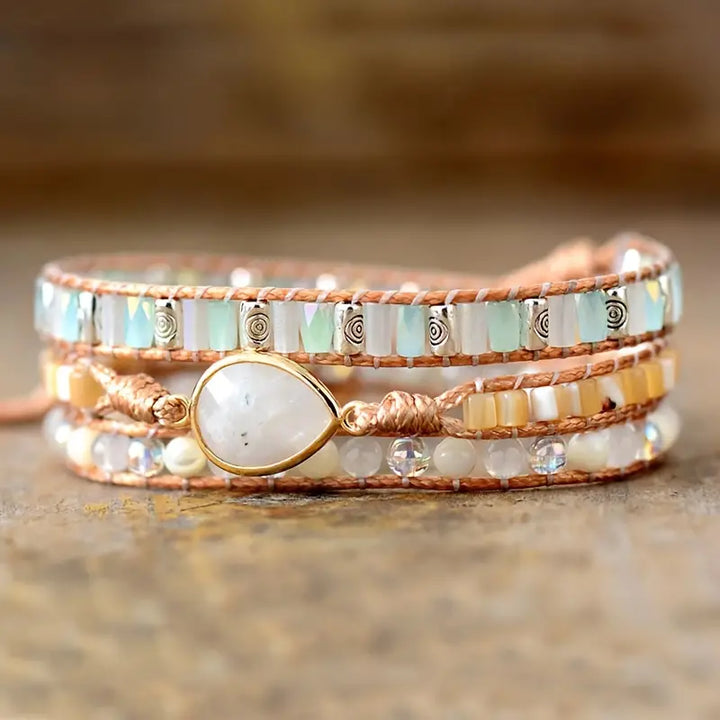 Moonstone Elegance 3-Layer Leather Wrap Around Bracelet