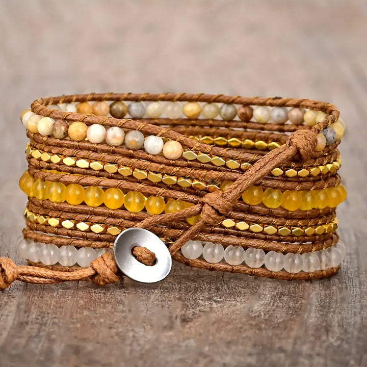 Bohemian Yellow Topaz 5-Layer Leather Wrap Around Bracelet