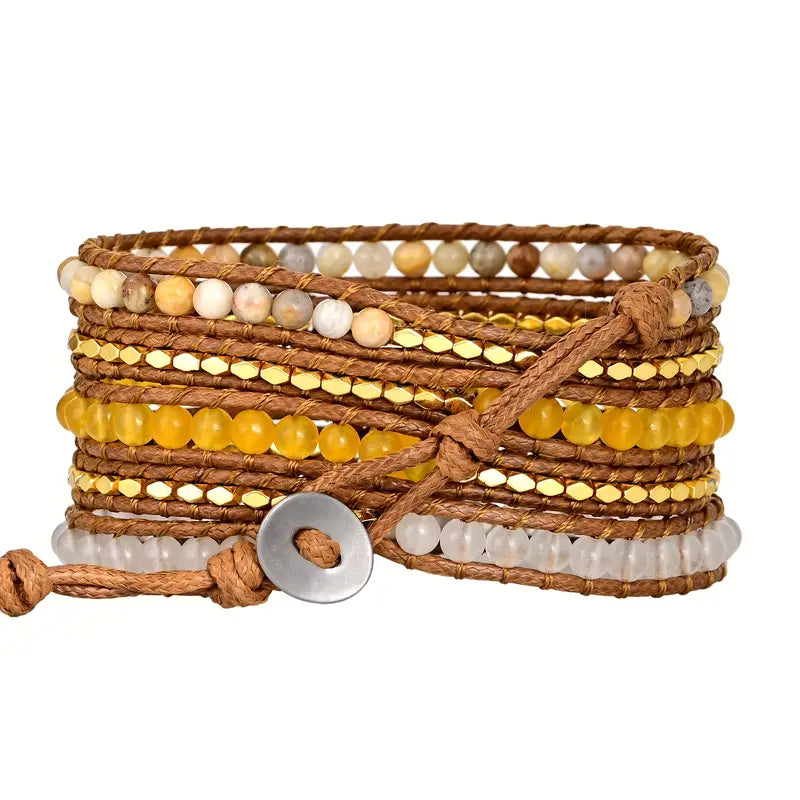 Bohemian Yellow Topaz 5-Layer Leather Wrap Around Bracelet