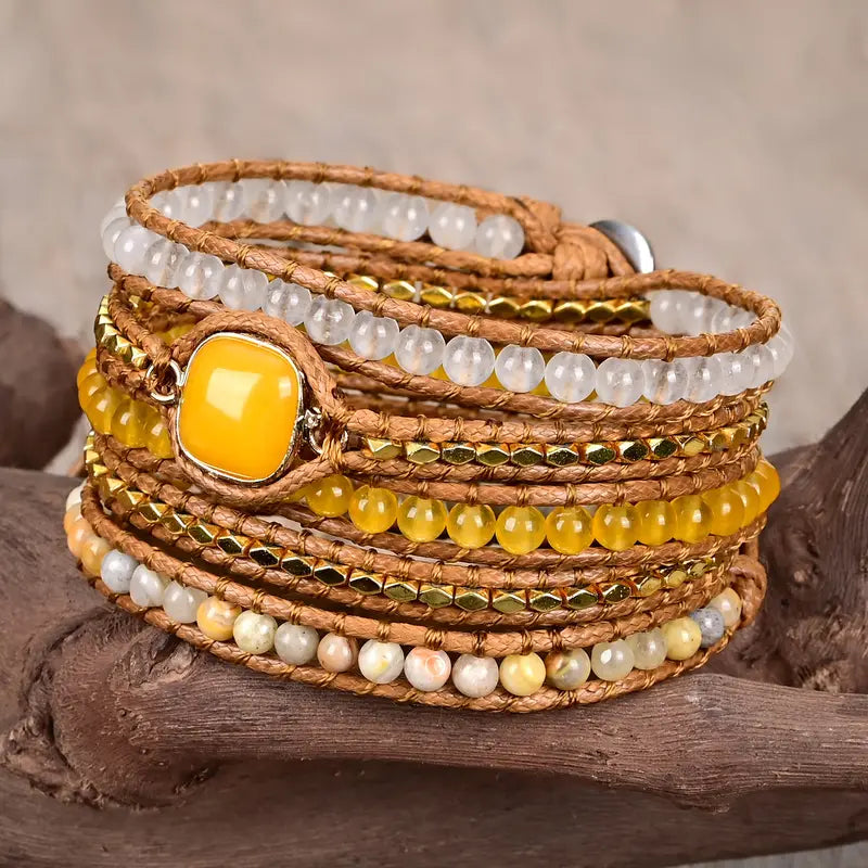 Bohemian Yellow Topaz 5-Layer Leather Wrap Around Bracelet