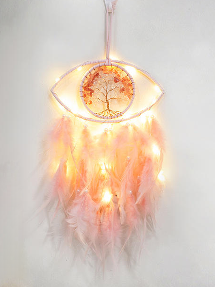 Mystic Harmony - Pink Feathered Evil Eye Crystal Tree of Life Dream Catcher with LED Light