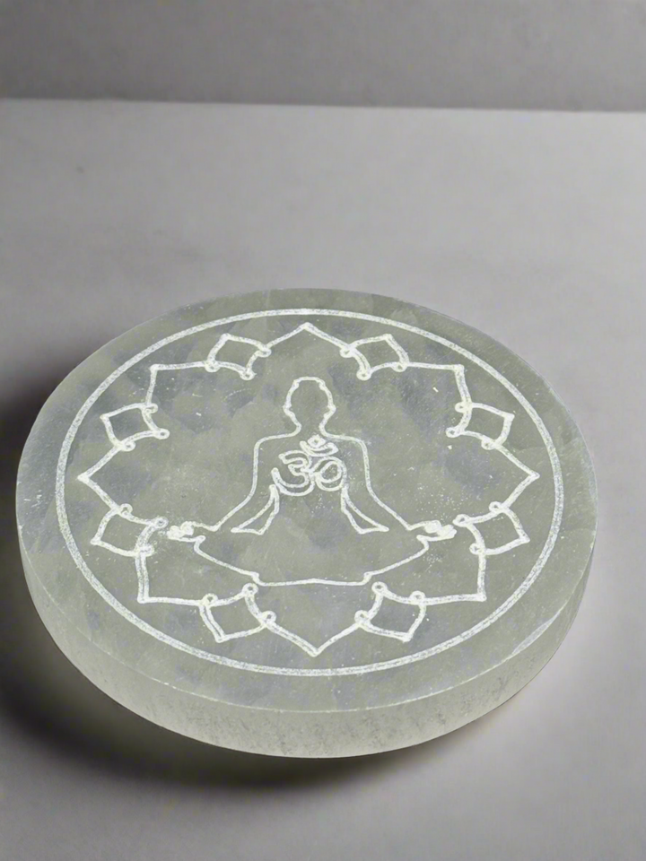 4 inch Hand Etched Ohm and Meditation Pose Selenite Charging Plate